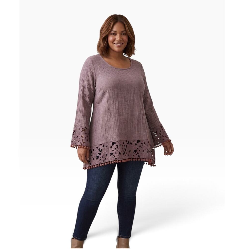 Retro Threads Mauve lightweight Crinkle with Lace Pompom Tunic Top NWT Size XXL